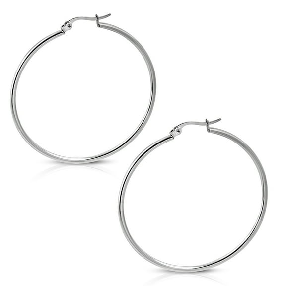 Stainless Steel Silver-Tone Classic Round Hoop Earrings, 2"