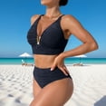 thumbnail image 4 of Levmjia Women's Two Piece Swimsuits Deep V Bikini Set Solid Color Tummy Control High Waisted Ruched Bathing Suits Beach Vacation, 4 of 8
