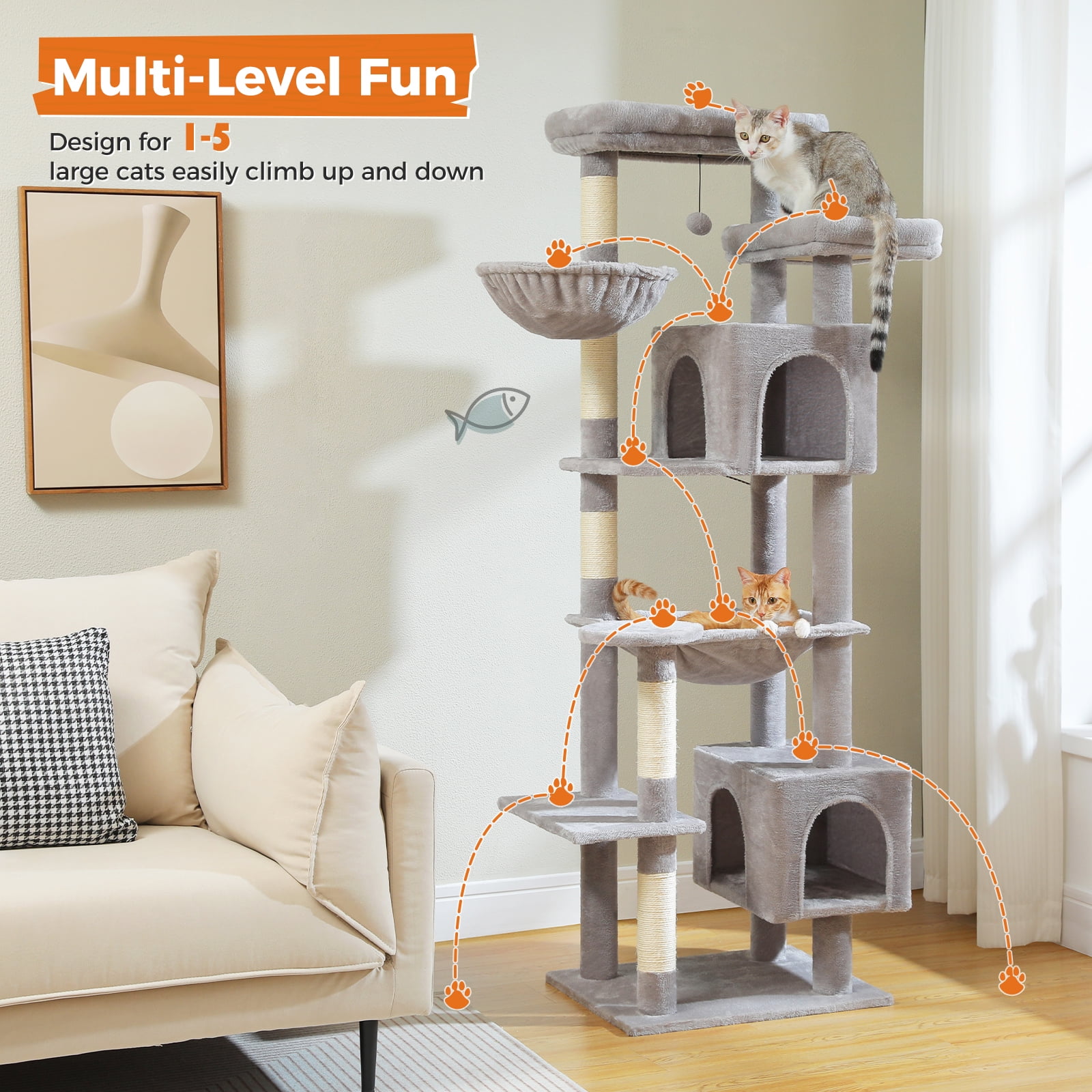 Pefilos 69" Tall Cat Tree for Indoor Large Cats with Hammock, Cat Climbing Tree Tower with Scratching Posts, Condo House and Top Perch, Gray