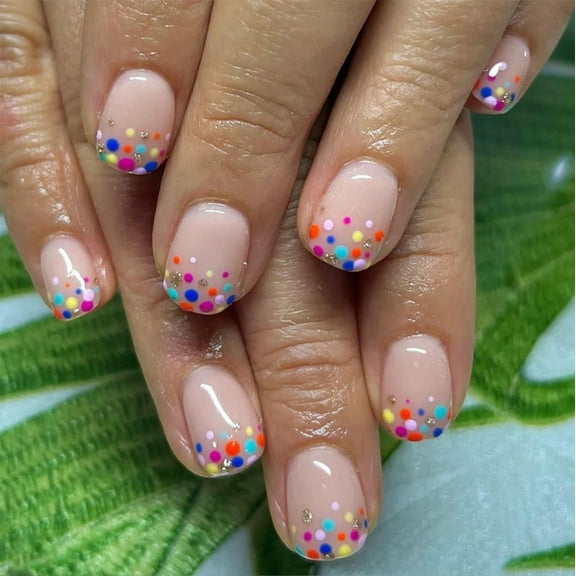 YTTAL Reusable Full Square ABS Press-on Nails Set, Glossy Multicolor Polka Dot, 24 Pieces