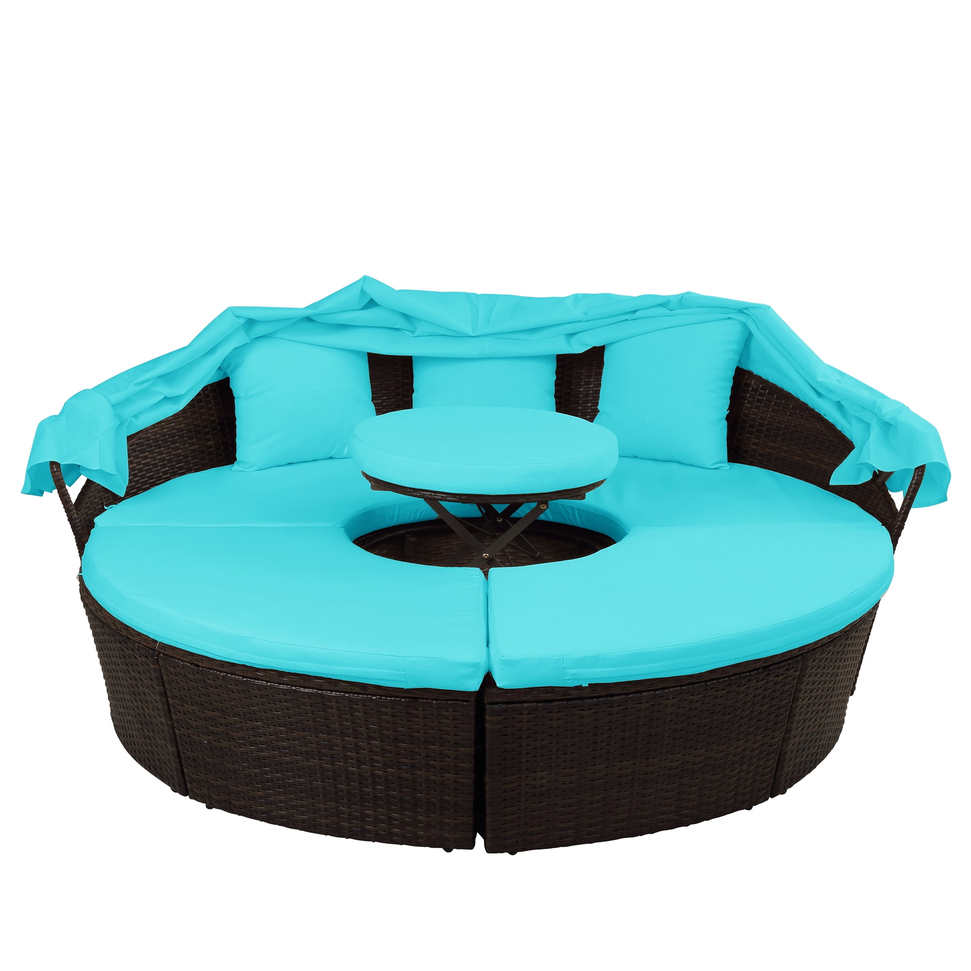 Kepooman Outdoor Round Sectional Sofa Set with Retractable Canopy, Blue Kepooman Outdoor Round Sectional Sofa Set with Retractable Canopy, Blue