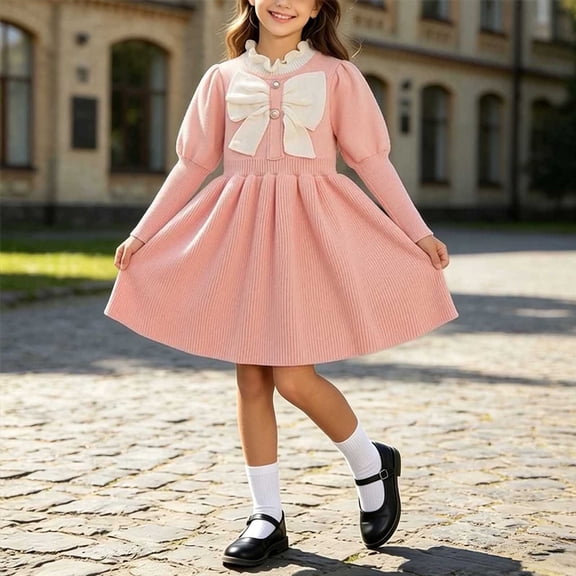 Girls Knit Sweater Dress Long Sleeve Front Bow Crewneck Pleated Cinched Slim Outfits Toddler Girl Sweet Casual A-Line Dress Pink 2-3 Years