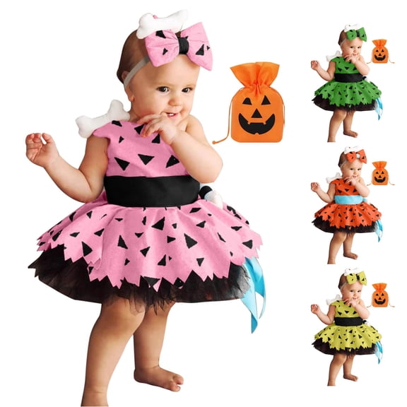 Category Girls Dresses - Title Toddler Kids Caveman with Candy Bag Halloween Dog Bones Historical Cavegirl Mesh Dress Outfit for Girls 6-12 Months