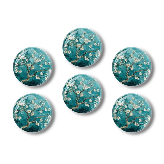 Glass Refrigerator Magnet 6Pcs Magnetic Fridge Sticker,Decor for Kitchen,Whiteboard,Cabinet,Blue Background White Almond Flowers In Thick Brushstrokes