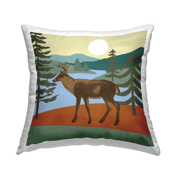 Stupell Industries Lakeside Mountain Peaks Woodland Forest Deer Design by Victoria Barnes Throw Pillow