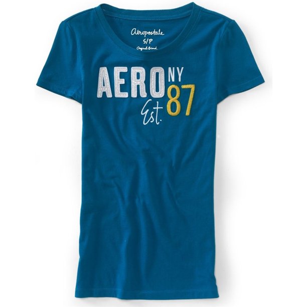 Aeropostale Mujer Aero Ny Est. Camiseta con adornos 87, azul, extragrande Aeropostale Camiseta adornada