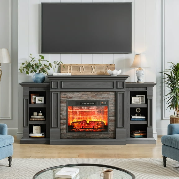 72"L Fireplace Mantel with 23" Electric Fireplace and Bookshelves, Wooden Storage Freestanding Heater with Remote Control, Black