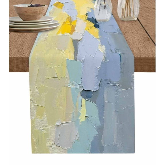 Modern Blue Yellow Burlap Cotton Table Runner 13x60 Inches Long, Abstract Oil Painting Art Farmhouse Table Runners, Outdoor Dining Tablecloths Decor for Baby Shower/Party/Wedding