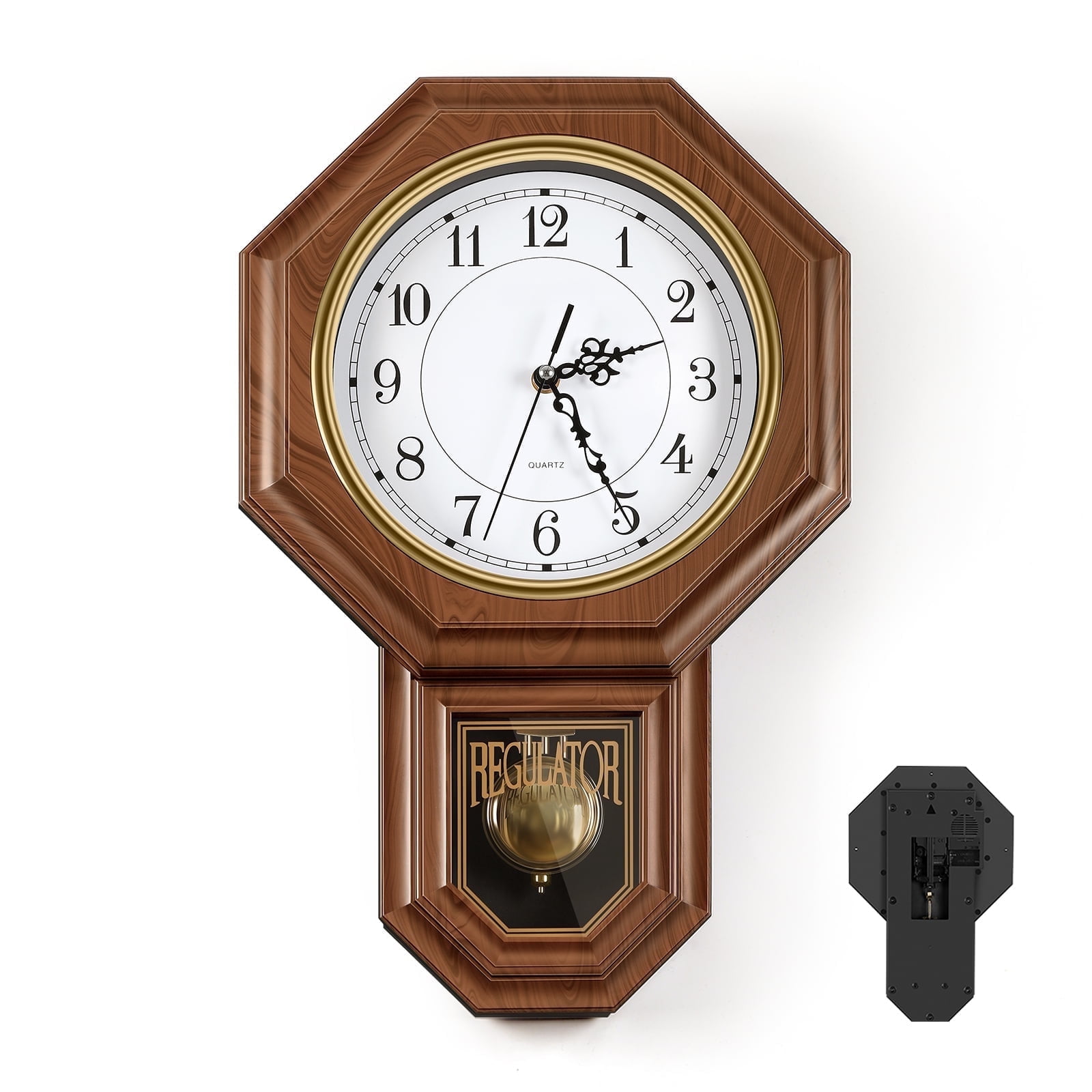 Vintage Pendulum Wall Clock, Wood Looking Plastic, Battery Operated, Brown