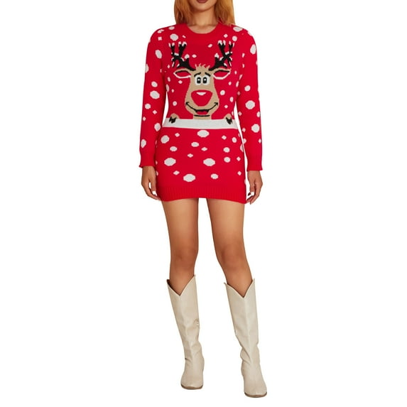 Liacowi Women Juniors Christmas Knitted Dress Long Sleeve Elk Dot Pattern Sweater Pullover for Christmas Party