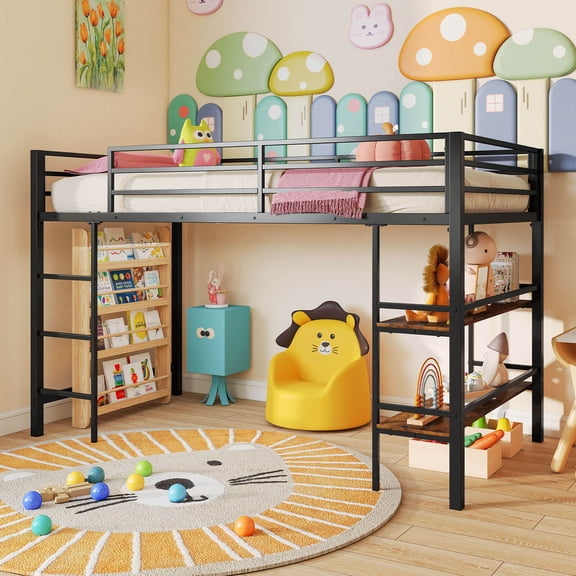 Costway Twin Size Low Loft Bed with Storage Shelves Ladder Full-length Guardrails, Black