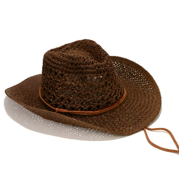 TELOLY Straw Hats for Men with Wide-Brim Sun Protection Cowboy Visor Hat Mens Casual Solid Color Drawstring Breathable Summer Cap Straw Cowboy Hat