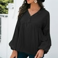 thumbnail image 7 of Lantern Long Sleeve Button up V Neck Shirts for Women Henley Dressy Casual Pleated Tunic Tops Blouse for Leggings, 7 of 7