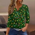 thumbnail image 2 of WTOBBY Women's Christmas Snowflake Tree Print V-Neck Decorative Button 3/4 Sleeve T-Shirt, Ladies Holiday Fashion Top for Seasonal Wear, Comfortable Casual Blouse,Dark Green XL, 2 of 5