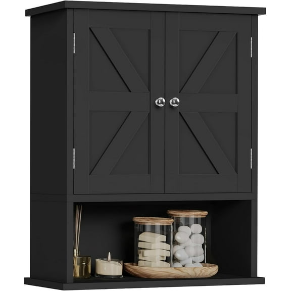 Bathroom Wall Cabinet, Over The Toilet Space Saver Storage Cabinet with Barn Doors & Adjustable Shelf, Hanging Medicine Cabinet, White Black