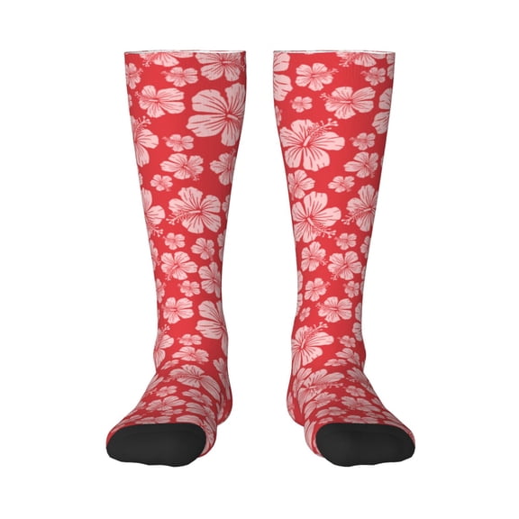 Vsdgher Red Hibiscus Flower Print Thigh High Socks Extra Long Stretchy Sock Women Over Knee High Opaque Stocking Daily Wear