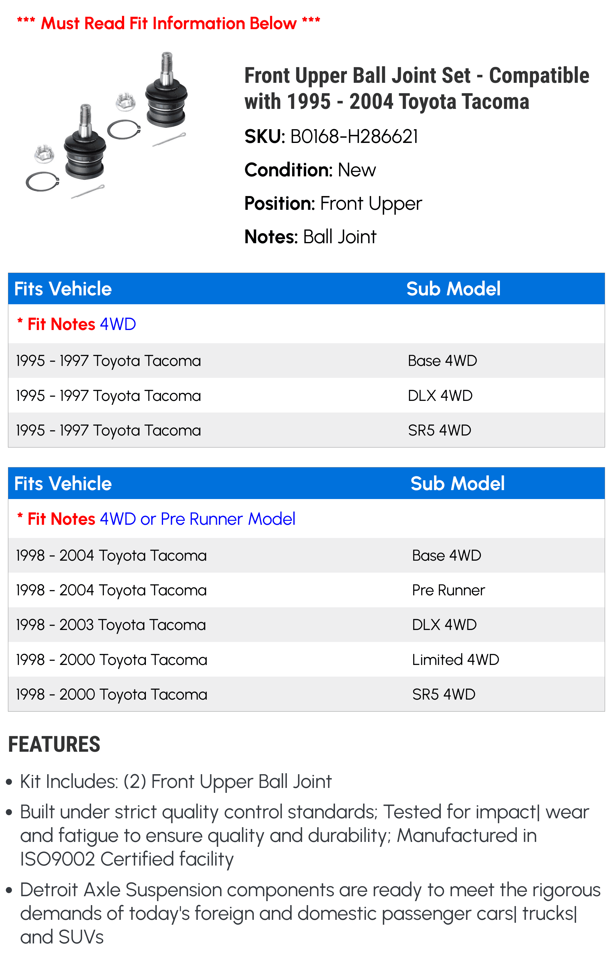 Front Upper Ball Joint Set - Compatible with 1995 - 2004 Toyota Tacoma 1996 1997 1998 1999 2000 2001 2002 2003