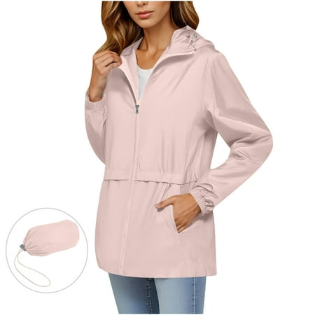 HAPIMO Women s Waterproof Rain Jacket Casual Long Sleeve Full Zip Jacket Lightweight Solid Pocket Jacket Coat Fall Winter Clothes with Storage Bag Pink XXL