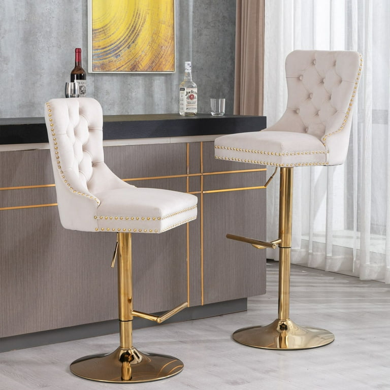 Round Kitchen High Bar Chairs with Golden Base Velvet Bar Stool Chair Height Adjustable from 27 35 inch Counter Chair with Back Swivel Barstool with