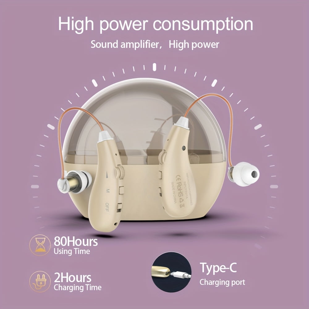Rechargeable Hearing Amplifiers, Active Noise Cancelling In-Ear Headphones with Volume Control, Type-C Charging, Plastic Material, Lithium Polymer Battery (golden)