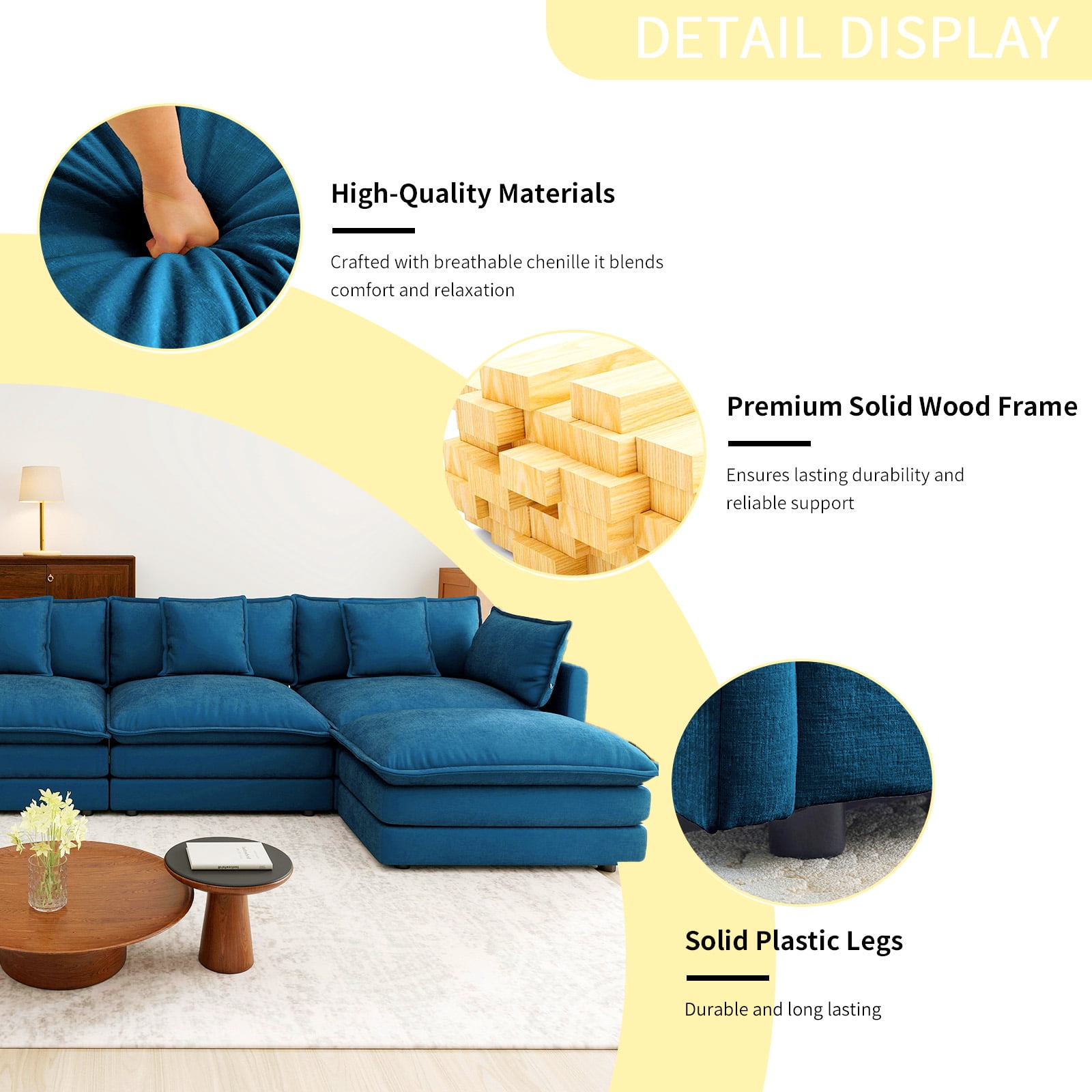 111.5” Blue Modular Sofa, 3 Seater U Shaped Chenille Sectional for Living Room, Cloud Couch with Ottoman, Sofá moderno