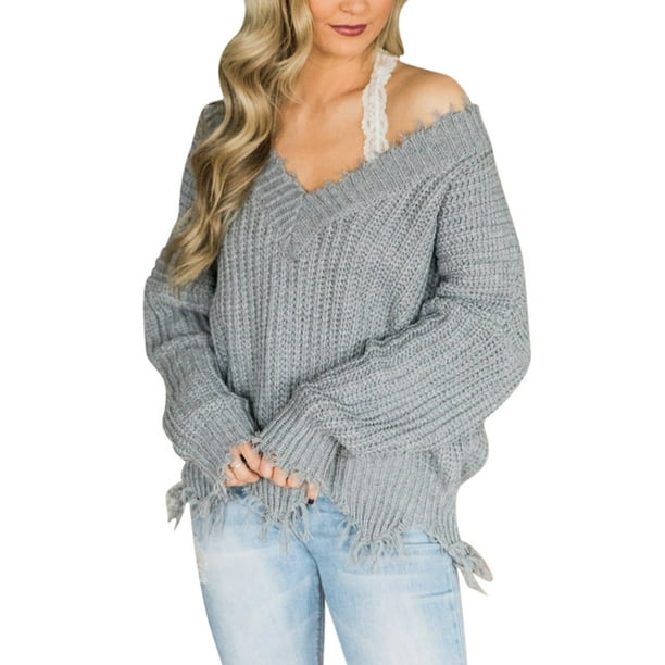 Women Loose Knitted Sweater Long Sleeve V-Neck Ripped Pullover Sweaters  Crop Top Knit Jumper Ladies Solid Casual Loose Pullover Sweatshirt T-Shirt  Tops - Walmart.com