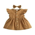 thumbnail image 1 of 2Pcs Bébé Enfant en Bas Âge Fille Robe Romper Cou Mouche Manche Bouton vers le Bas Arc Bandeau Ensemble Kaki 3-4 Ans, 1 of 7