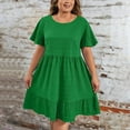 thumbnail image 2 of Tianiyouqing Loose Dresses for Women Dressy Short Oversized Ruffle Tiered Layered Plus Size Formal Pleated Dresses Short Sleeve Cotton Linen Summer Midi Dresses Dark Green L, 2 of 7