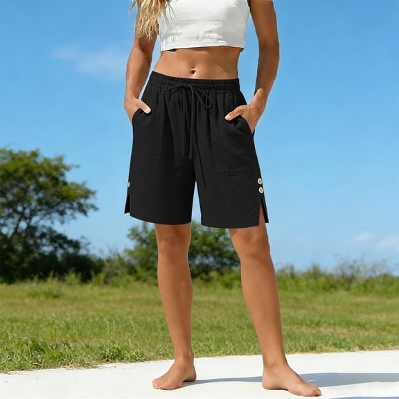 Mifsaly Linen Shorts for Women Elastic Waist Drawstring Beach Shorts with Pockets Side Button Split Lightweight Loose Fit Lounge Shorts Pants S