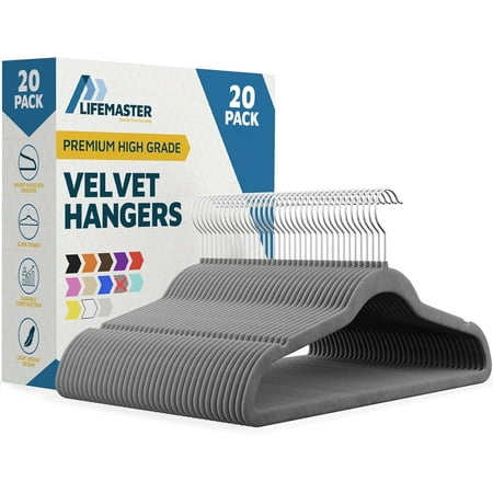 Lifemaster Velvet Clothes Hangers – With 360 Degree Swivel Hook and Non-Slip Shoulder Notch, Holds Up To 10 lbs, Heavy Duty Hanger Set, For Organizing Suit, Dress, Coat, and Clothes, Pack of 20, Gray