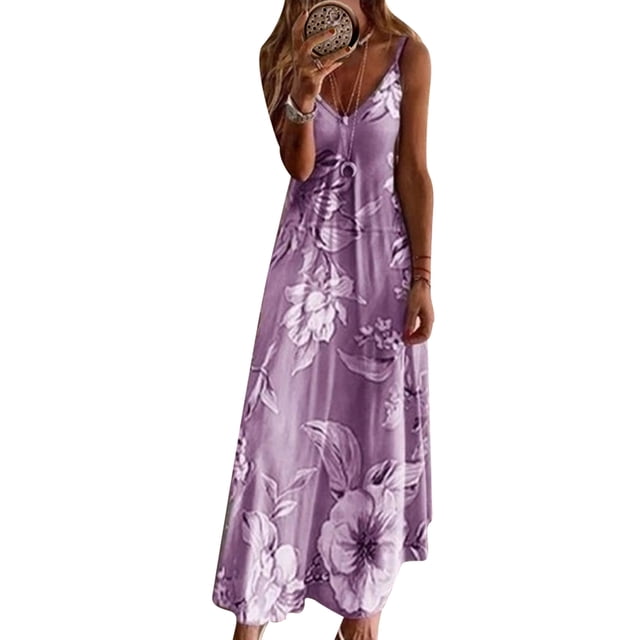 Robe Maxi Longue Grande Taille pour Femmes à Bretelles Spaghetti, Robe Dégradée Décontractée à Col en V pour la Plage, les Vacances et les Fêtes, Robe Évasée, Robe d'Été