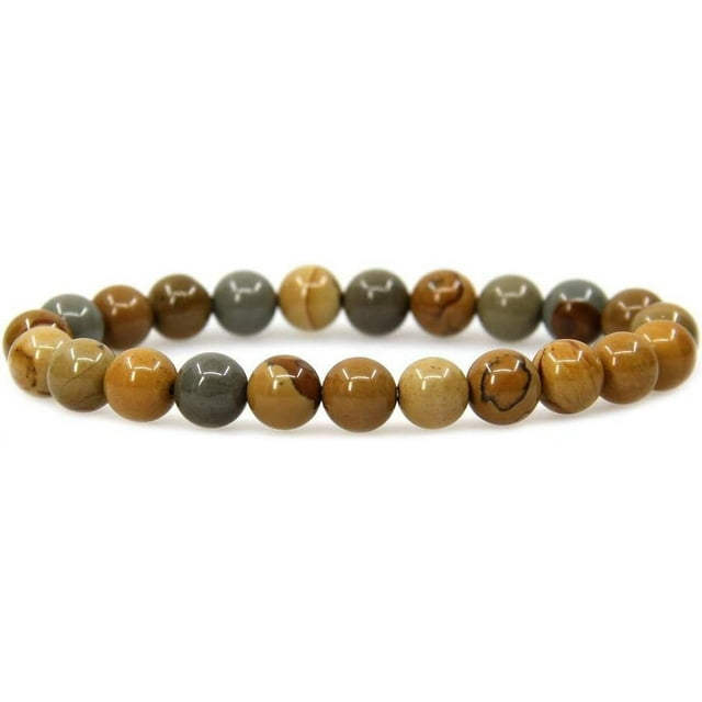 Bracelet Extensible Unisexe en Perles Rondes 8 mm avec Pierre Précieuse Jaspe Photo Oowyhee Naturelle 7 Pouces