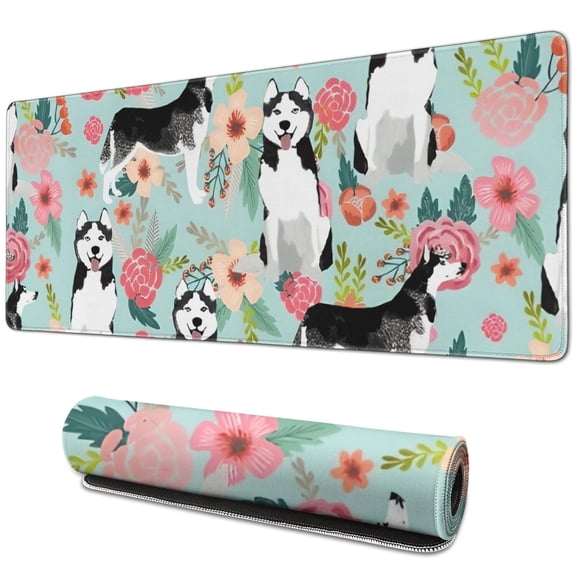 Long Mouse Pads for Desk,Husky and Pioneer Flower Desk Mats on Top Of Desks, Desk Mouse Pad Extra Large with 3mm Non-Slip Base and Stitched Edge for Gaming,Office,Work,Home 31.5"x11.8"