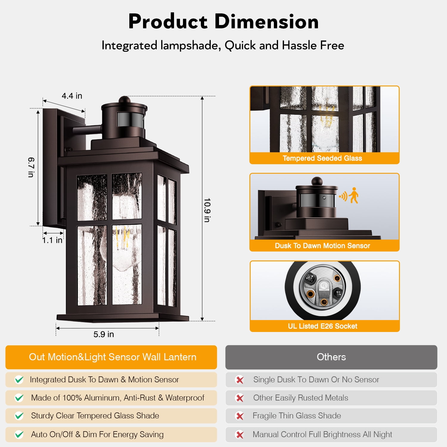 VIANIS Brown Motion Sensor Exterior Lighting Fixtures, Oil Rubbed Bronze Outdoor Garage Lights Wall Mount Sconce, Outdoor Wall Lantern for Garden, Patio, Front Door, Outside Porch Lights for House