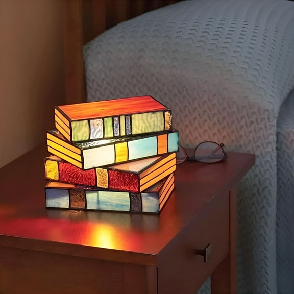 ACDANC Stained Glass Stacked Books Lamp,Stacked Books Glass Lamp,LED Book Light,Cute Nightstand Desk Lamps,Reading Nook Lighting Vintage Table Lamp for Home Decor Birthday Gift