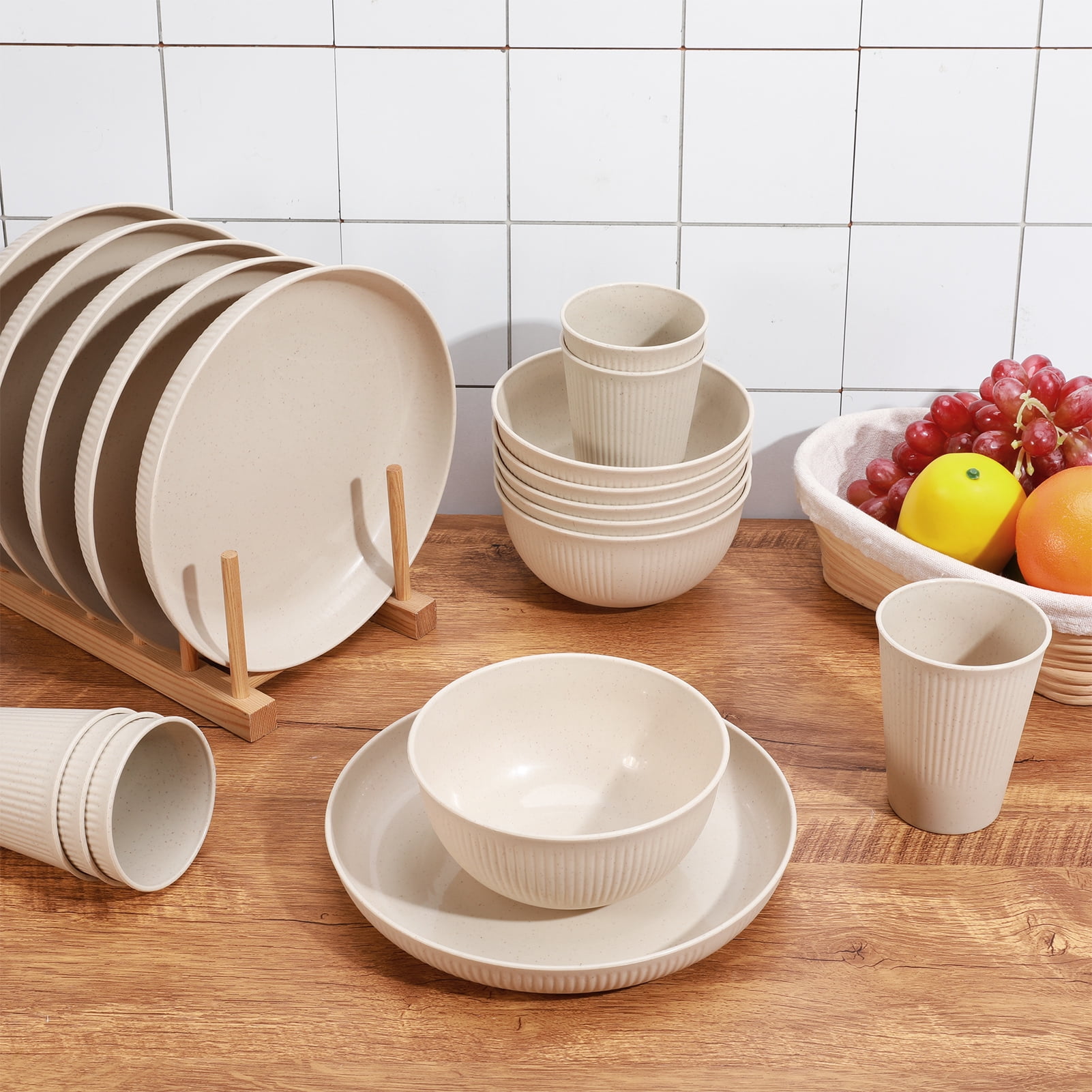 Bocaoying 18 Pcs Wheat Straw Dinnerware Sets, Unbreakable Dinnerware Sets Kitchen Cups Plates and Bowls Sets Plates Set Reusable Microwave Dishwasher Safe