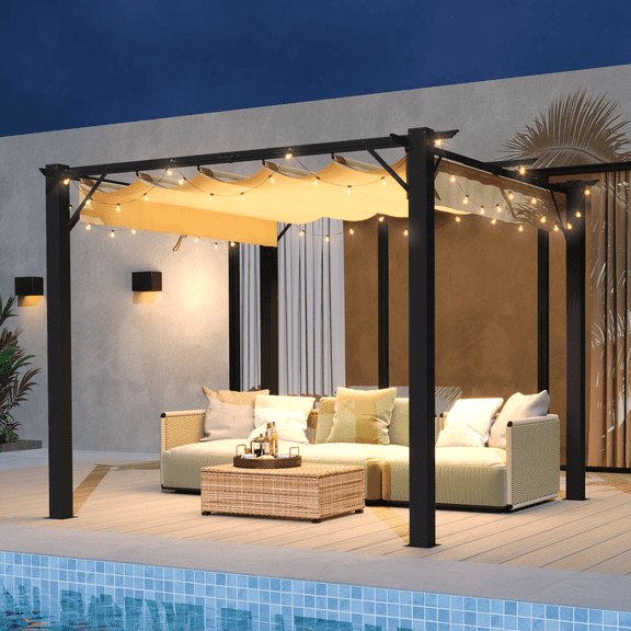 Aoxun 10'x12' Outdoor Retractable Pergola, with Sun-Proof Canopy, Patio Metal Pergolas Gazebos for Backyards, Gardens, Patios, Beige