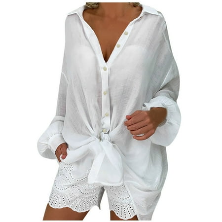 Dezsed Womens Button Shirts Linen Cotton Long Sleeve Blouse Tunic Tops Cover Up Shirt Loose Beach Bikini Dress Clearance White XXL
