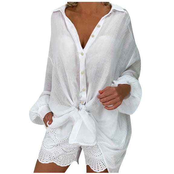 Plus Size Linen Long Sleeve Shirt Loose Button Down Boyfriend Shirt Tops Swimsuit Cover Up Shirt for Women