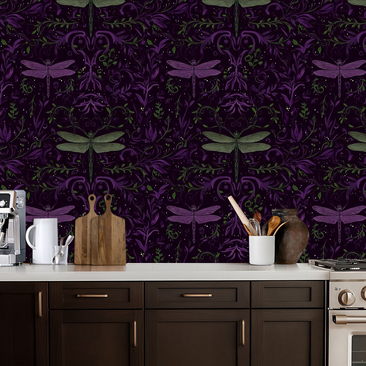 Peel and Stick Wallpaper Whimsical Dragonfly Floral Purple Green Tones Wall Mural 17.7in x 9.8ft Self Adhesive Removable Wall Paper Renter Friendly Wallpaper for Nursery Bedroom Cabinets