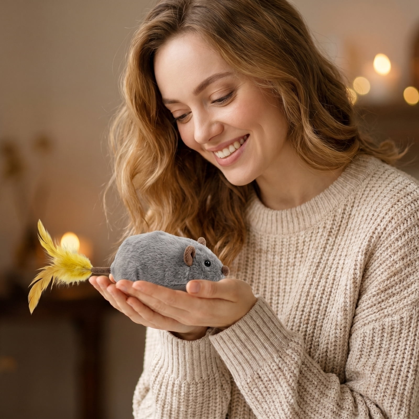 Plush Mouse Cat Toy, 2.4G Realistic Electric, 1 Pack Yellow with Feather Tail, Interactive Moving Toy for Indoor Cats to Chase and Play