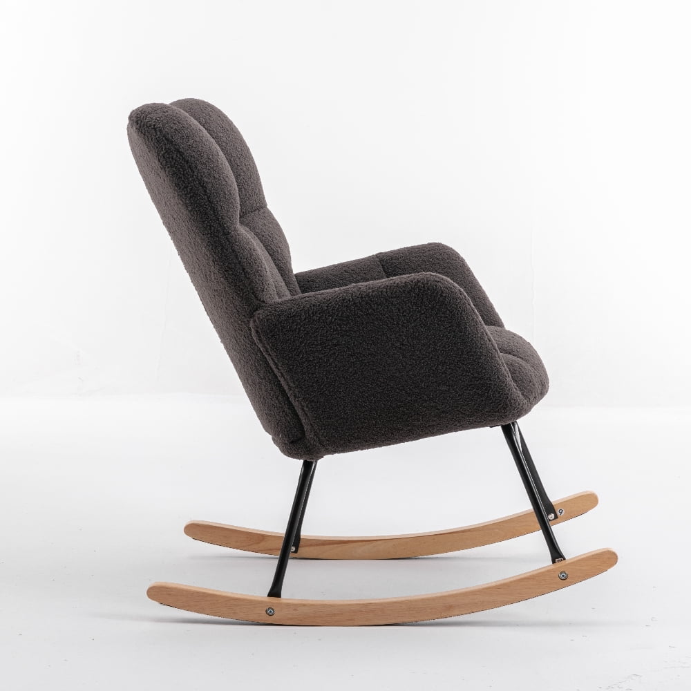 Oufan Leisure Rocking Chair With Upholstered, Teddy Fabric Nursery Rocking Chair with High Backrest & Solid Wood Frame for Living Room, Bedroom