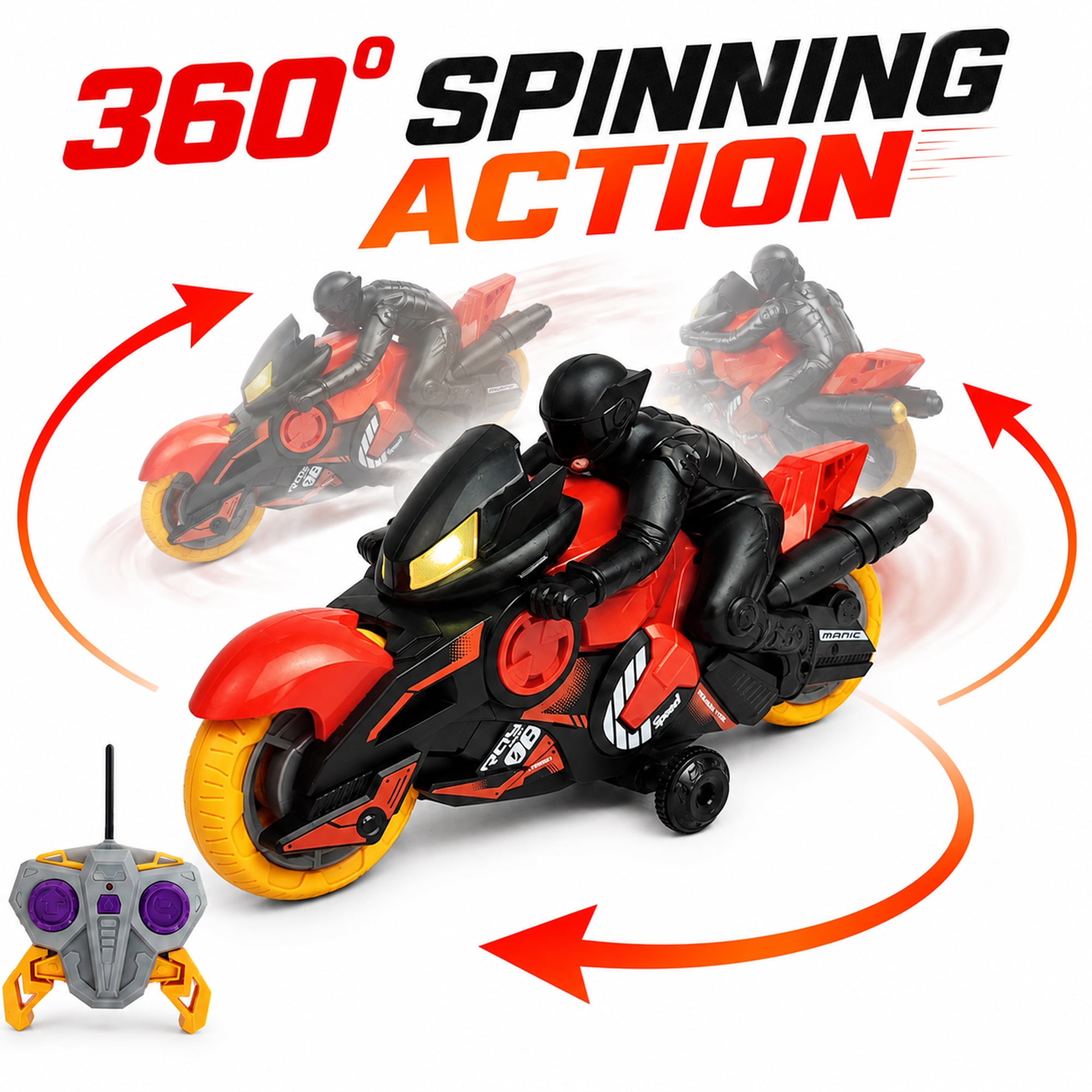 Stunt Motorcycle Toy with Remote Controller, 360° Spinning Motorbike with Side Drift Wheels, Indoor Racing Toy for Kids Ages 3+