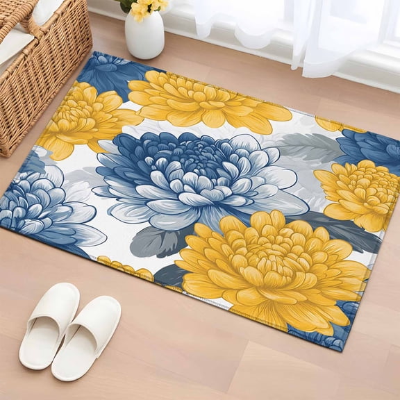 2x3 Ft Entryway Area Rug, Blue Yellow Spring Floral Kitchen Rug Runner Washable Floor Mat, Summer Botanical Elegant Non Slip Indoor Door Mat Throw Carpet for Bathroom Living Room Bedroom