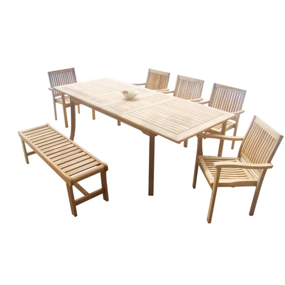 Grade-A Teak Dining Set: 6 Seater 7 Pc: 94" Rectangle Table And 6 Leveb Stacking Arm Chairs Outdoor Patio WholesaleTeak #51LV2007