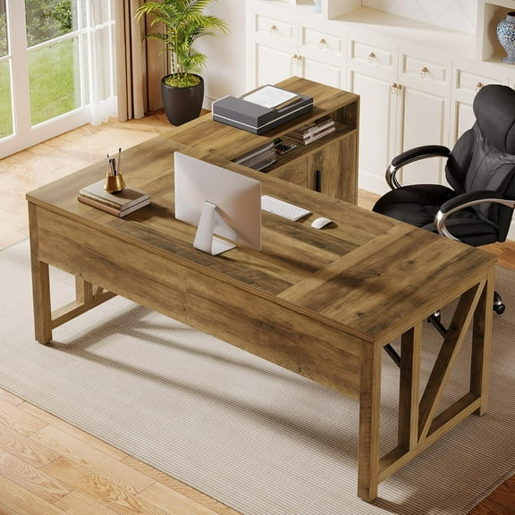 Tribesigns 63" L Shaped Executive Desk with Lateral File Cabinet, (Rustic Brown)