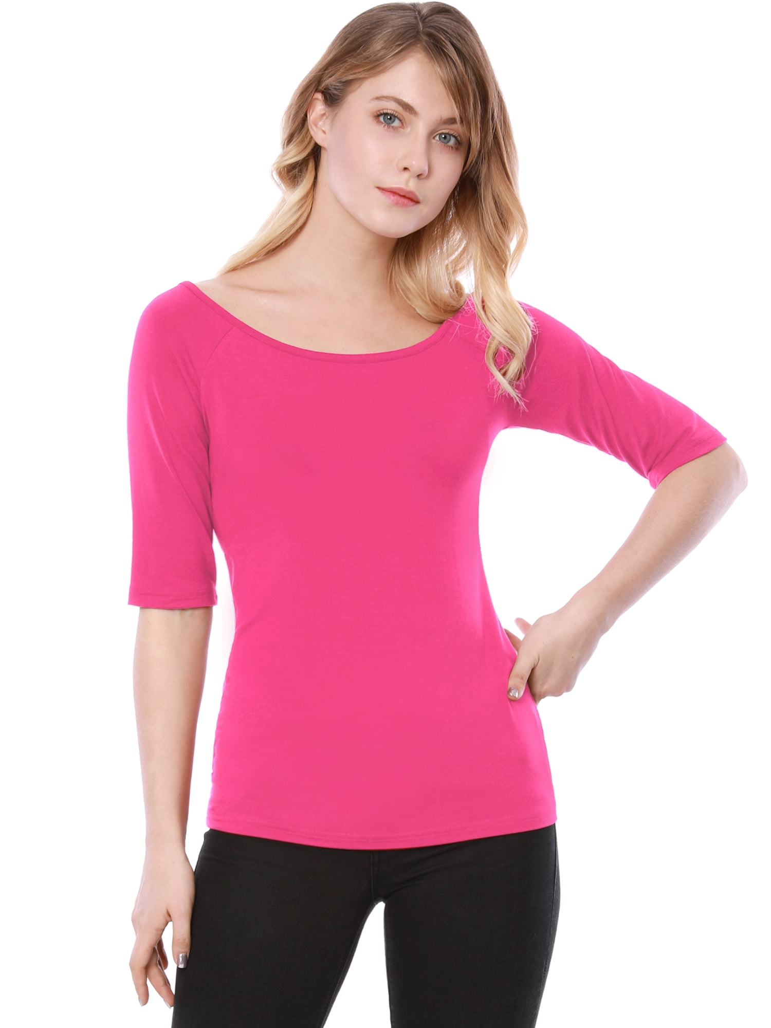 DARING DIVA Women's Slim Fit Pullover Boat Neck Stretchable T-Shirt 2XL Hot Pink