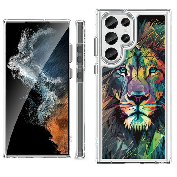 Shockproof Bumper Phone Case for Samsung Galaxy S23 Ultra 5G, by OneToughShield ® - Geometric Lion