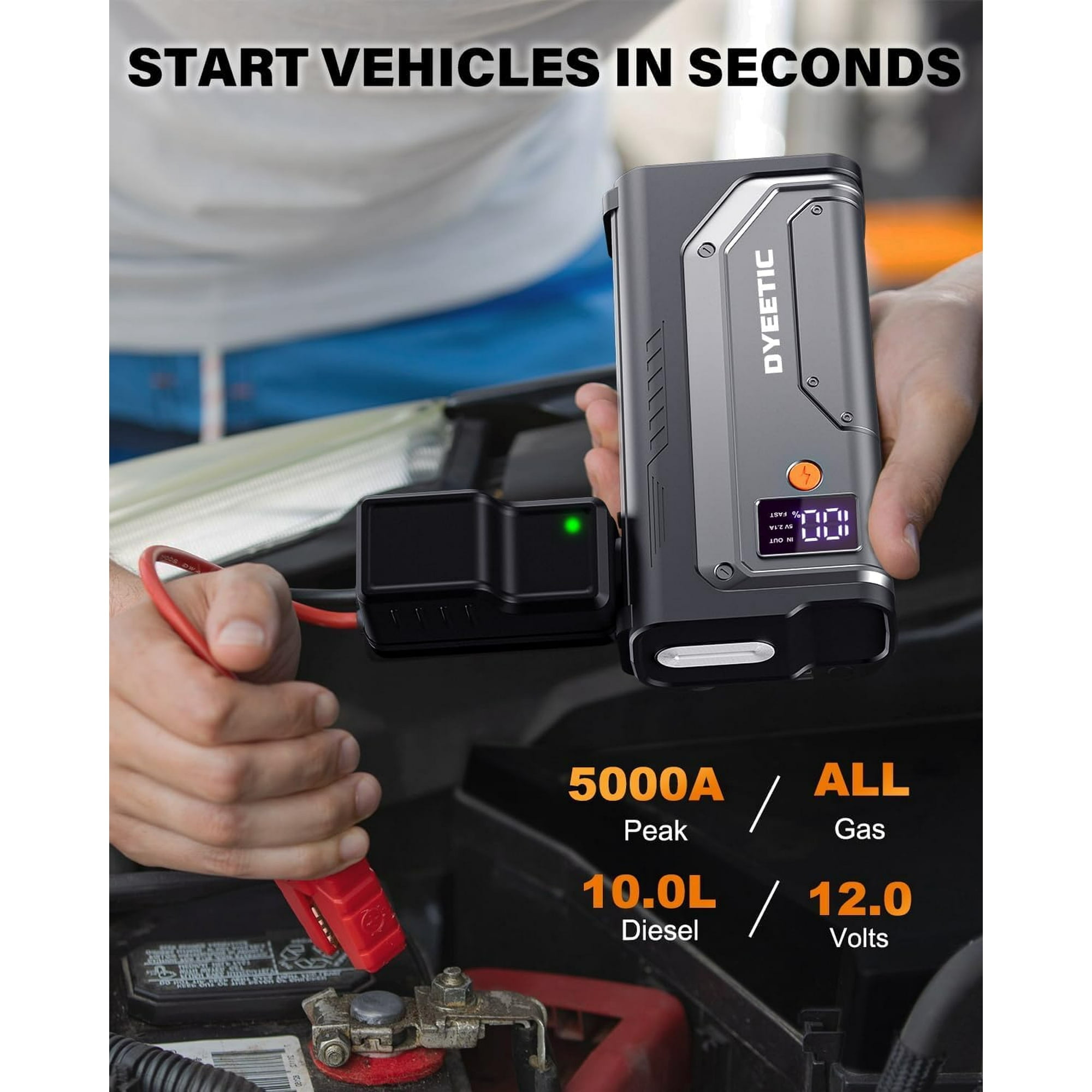 Dyeetic 5000A Jump Starter, Portable 12V Car Jump Starter Battery Pack for All Gas and 10.0L Diesel Engines