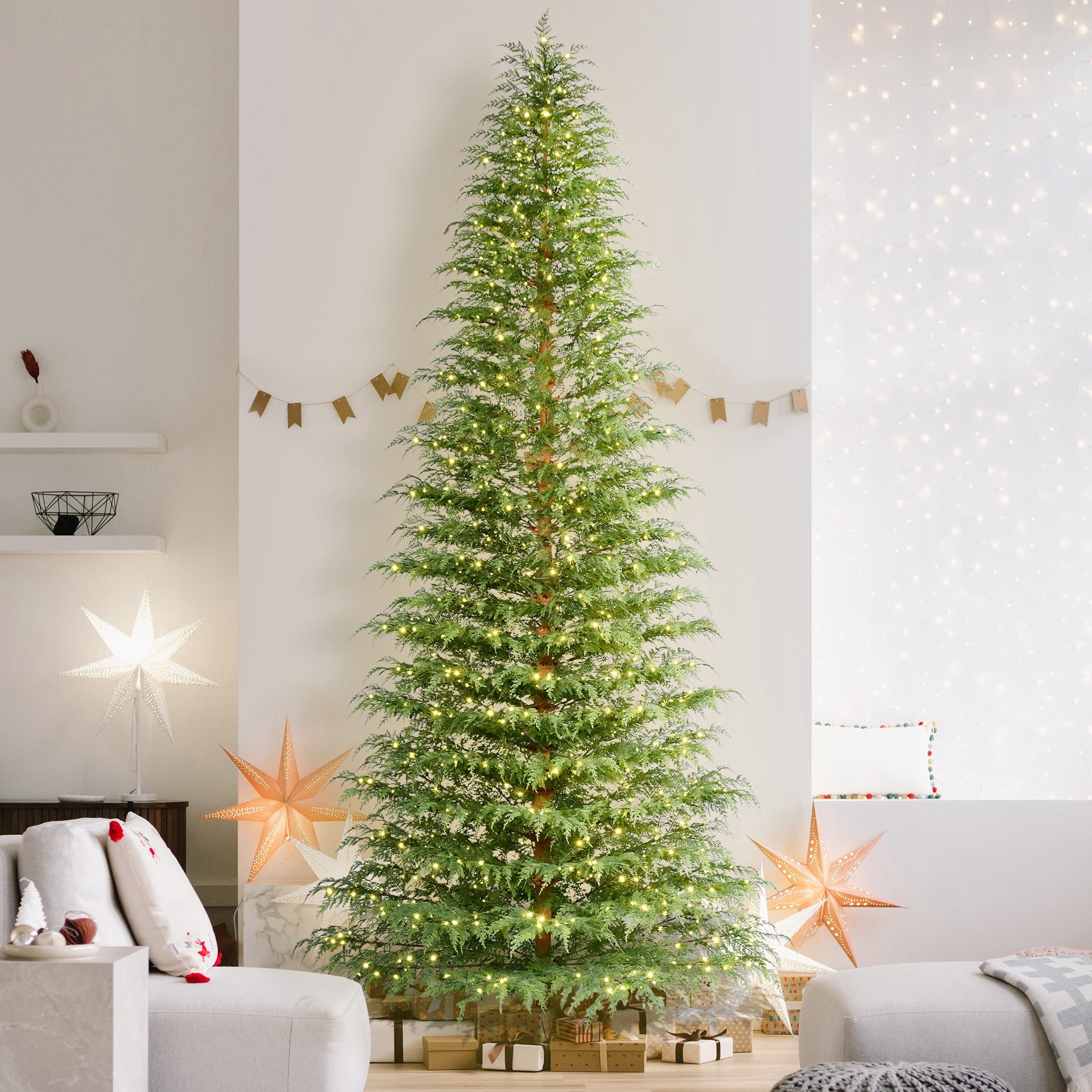 My Texas House 12ft Pre-Lit Cypress Artificial Christmas Tree, 1000 Warm White Twinkle LED, Green